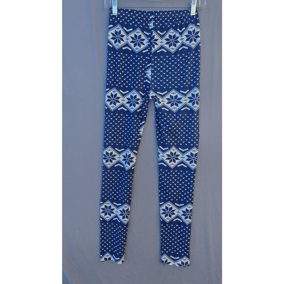 Fair Isle Snowflake Leggings Womens Small Blue White Print Stretch Thin - Picture 5 of 5